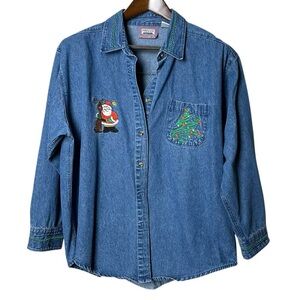 Vintage Women's Large Premier Embroidered Christmas 90s Denim Shirt Tree Santa